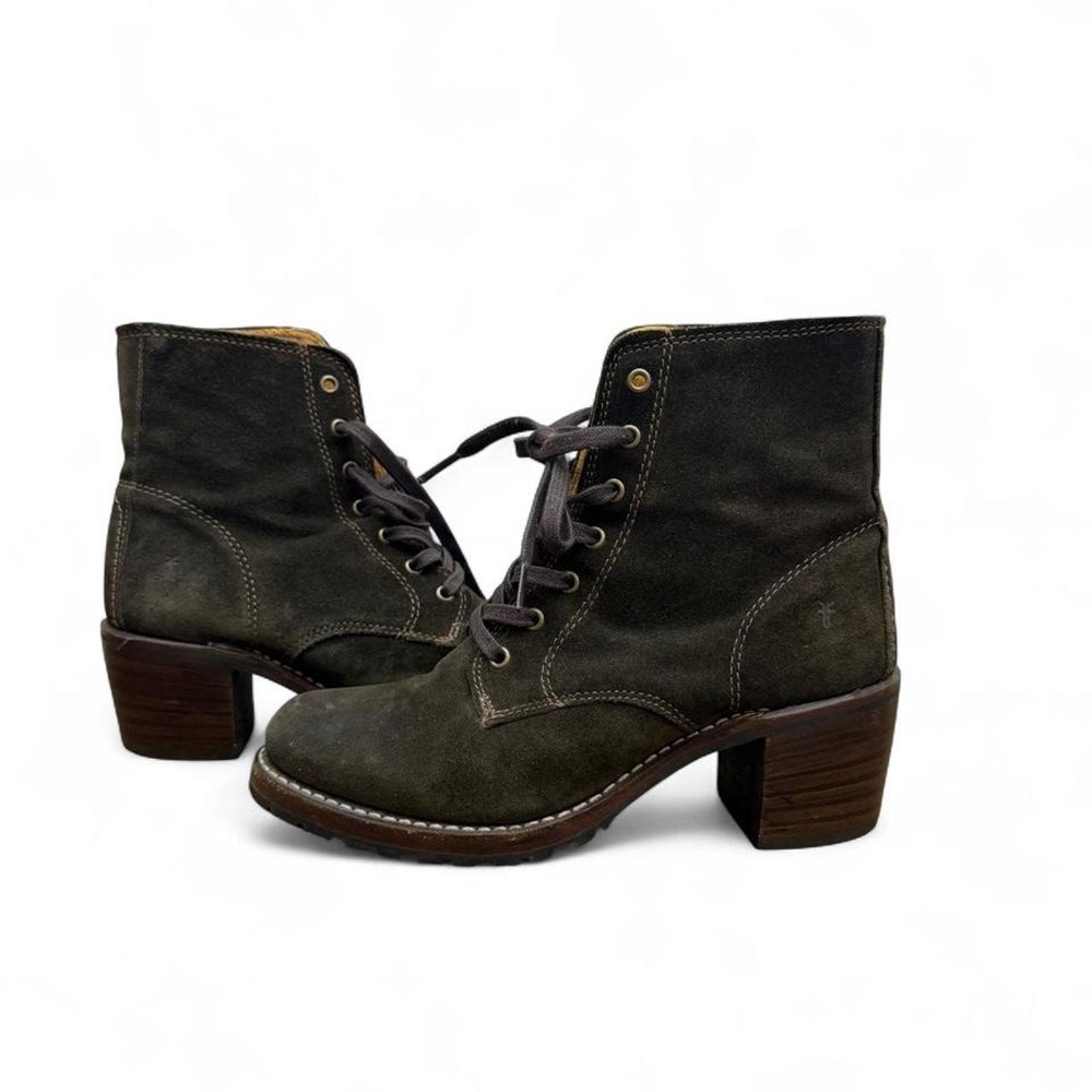 FRYE Sabrina 6G Suede Lace Up Heeled Combat Boots Made in USA Olive Brown 7.5